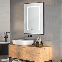 LED Mirror Medicine Cabinet, Bathroom Medicine Cabinet with LED Lights and Mirror, Wall Mounted Mirror Cabinet with Dimmer Defogger Clock Room Temp Display Socket (Single Door)