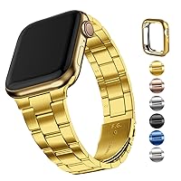 No Tools Needed Compatible Apple Watch Bands 45mm 44mm 42mm,Slim Metal Link Wristband with Case for iWatch Series 9/8/7/6/5/4/3/2/1/SE2/SE,Golden