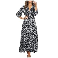 Spring Dresses for Women 2024 Retro Floral Dress Lantern Long Sleeve Dress V Neck Button Maxi Dress Flowy Dresses