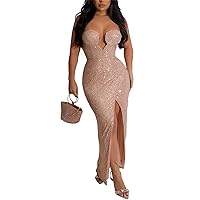Womens Sexy Strapless Sleeveless Wrapped Chest Sequins Solid Color Split Dress Evening Formal Dress