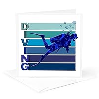 3dRose Greeting Card - Diving. A stylish man scuba diver silhouette, bubbles, blue lines - Alexis Design - Sport Diving