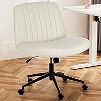 DUMOS Criss Cross Chair with Wheels, Cross Legged Office Chair Armless Wide Desk Chair with Dual-Purpose Base, Adjustable Swivel Leather Task Vanity Home Office Desk Chair, Cream