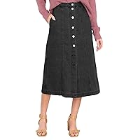 Fisoew Women's Casual High Waisted Denim Skirt Button Down A-Line Solid Jean Skirt with Pockets