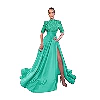 Sparkly Prom Dresses Women - 2024 Mermaid Sequin Half Sleeve Satin Slit Prom Dress Long
