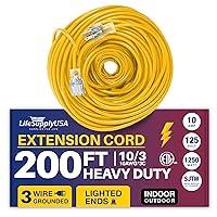 200ft Power Extension Cord Outdoor & Indoor - Waterproof Electric Drop Cord Cable - 3 Prong SJTW, 10 Gauge, 10 AMP, 125 Volts, 1250 Watts, 10/3 by LifeSupplyUSA - Yellow (1 Pack)