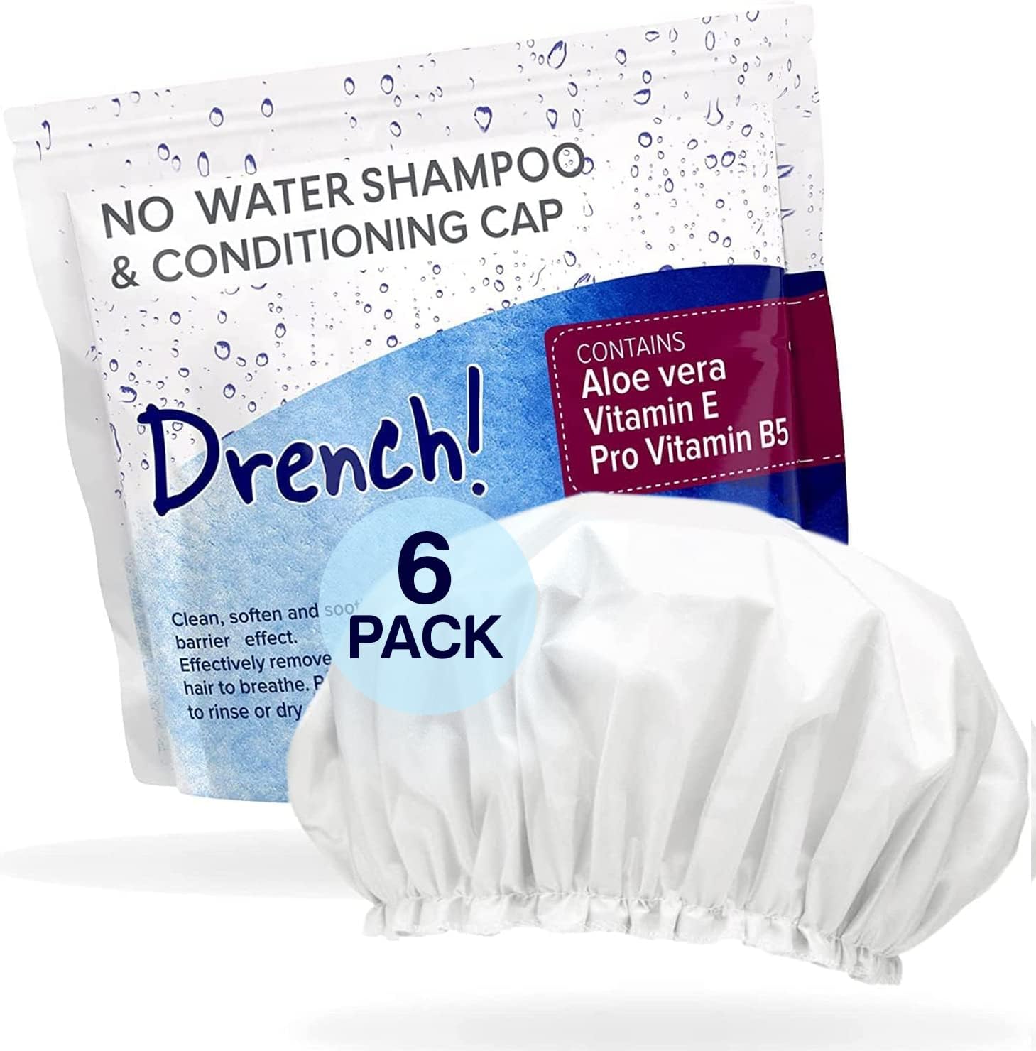 Drench No Water Rinse Free Shampoo Caps [6-Pack] - Waterless Shampoo and Conditioner - Dry Hair Wash Caps for Elderly or Bedridden - Contains Aloe Vera, Vitamin E and Provitamin B5
