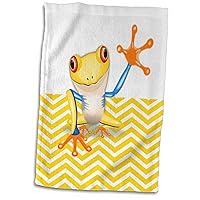 3D Rose Image of Adorable Frog Waving On Yellow Chevron Stripes Hand Towel, 15