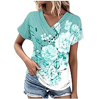Women's Summer Casual Short Sleeve T Shirts Floral Print Cute Graphic Tops Slim Fit Comfy Classic Tees