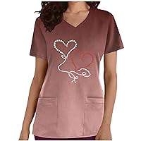 Daily Deals Heart Print Scrub-Tops Casual V Neck Work Uniform Short Sleeve Loose Fit Nurse Working Scrub-Shirts With Pockets Spring Fashion For Women 2024