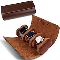 3 Slots Cylindrical Watch Case, Watch Roll Travel Box Vintage Watch Case for Men and Women - Brown Upgrade Version