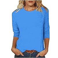 Womens Summer Tops 3/4 Sleeve Round Neck Shirts Casual Solid Color Loose Fit Tee Shirt Ladies Going Out Blouses