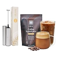 Clevr Blends Instant Coffee Latte & Frother Bundle - Oat Milk Latte Mix, 100% Arabica Beans Medium Roast Fair Trade, Superfood Creamer Powder, Mushroom Coffee SuperLatte