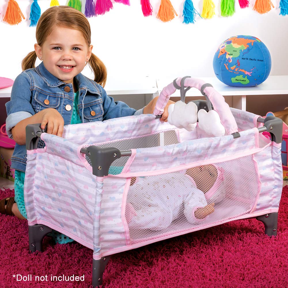 Adora Baby Doll Crib Pink Deluxe Pack N Play 7-Piece Set Fits Dolls up to 20 inches, Bed/Playpen, Changing Table, 3 Clouds and Storage Bag