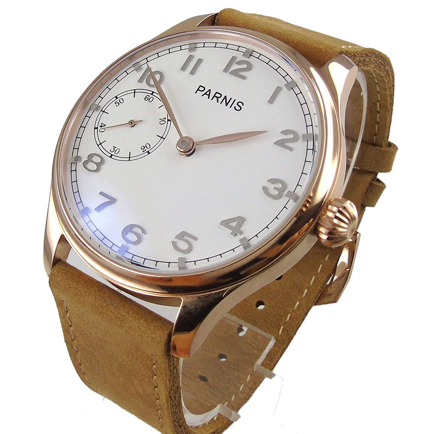 WhatsWatch Parnis 44MM White Dial Rose Gold Case 17 Jewels 6497 Hand-Winding Movement Men's Wristwatch Leather Strap -428