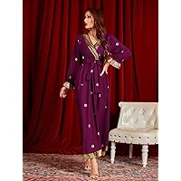 Womens Fall Fashion 2022 Gilding Floral Surplice Front Belted Maxi Dress (Color : Purple, Size : Medium)