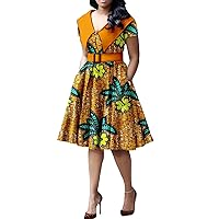 African Print Dresses for Women Bazin Riche Plus Size Elegant Ankara Peter Pan Collar Pleated Dress with Belt