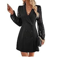 Dresses for Women - Contrast Mesh Double Breasted Shawl Collar Lantern Sleeve Dress