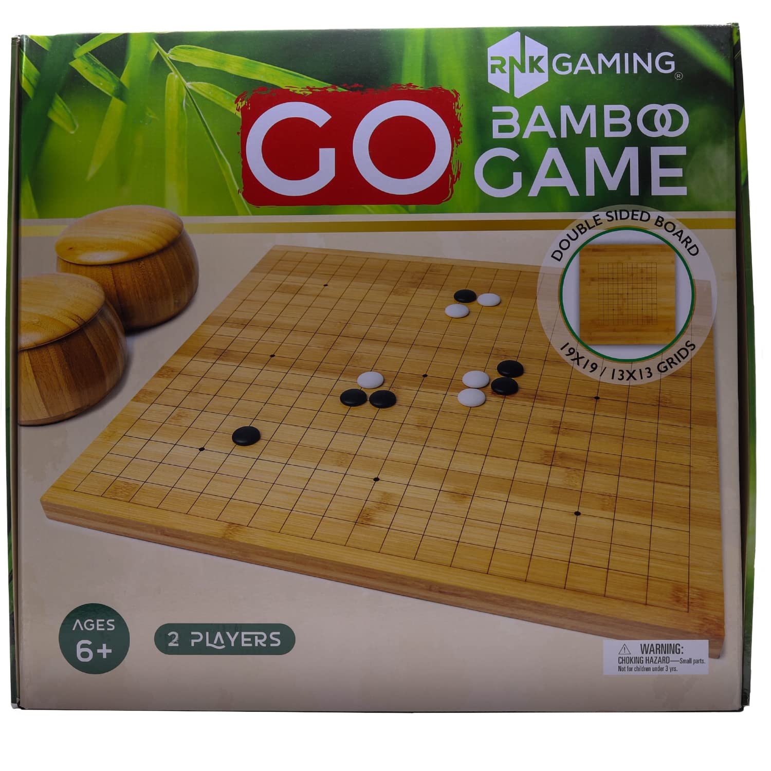 RNK Gaming Go Game Set with Reversible Bamboo 19 x 19/13 x 13 Etched Grid Board, Bamboo Bowls, & Single Convex Melamine Stones