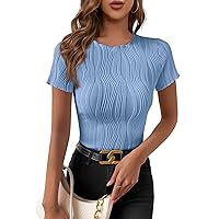 PRETTYGARDEN Women's Summer Tops 2024 Casual Short Sleeve Crewneck Slim Fit T Shirts Basic Knit Y2K Top Textured Blouse