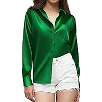 Women's Button Down Shirts Satin Long Sleeve Casual Business Silk Tops with Pocket