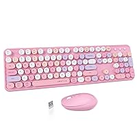 UBOTIE Colorful Computer Wireless Keyboard Mice Combo, Retro Typewriter Flexible Keys Office Full-Sized Keyboard, 2.4GHz Dropout-Free Connection and Optical Mouse (Pink-Colorful)