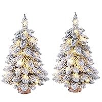 2 Pack Prelit Tabletop Christmas Tree 18 Inch Snow Flocked Artificial Christmas Tree with Lights and Wood Base Mini White pcs 45cm/17.7inch