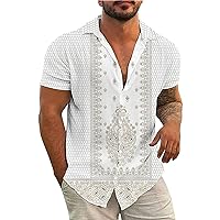 Retro Cuban Guayabera Shirts for Men Short Sleeve Button Down Casual T-Shirts Plaid Printed Party Hippie Tee Tops S-5XL