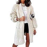Women's Long Sleeve Cable Knit Cardigan Casual Elasticity Open Front Fall Outwear Solid Color Chunky Long Sweater Coats