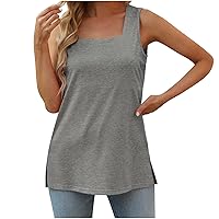 Square Neck Tank Top Women Loose Fit Summer Tops Soft Cute Basic Sleeveless Flowy Tee Fashion Side Slit Tunic Shirts