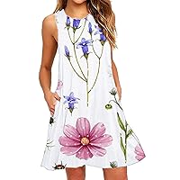 XJYIOEWT White Plus Size Dresses for Curvy Women Maxi,Women Daily Dress O Neck Sleeveless Dress Printed Pockets Casual T