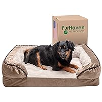 Furhaven Cooling Gel Dog Bed for Medium/Small Dogs w/ Removable Bolsters & Washable Cover, For Dogs Up to 35 lbs - Plush & Velvet Waves Perfect Comfort Sofa - Brownstone, Medium