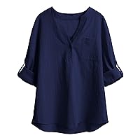 HOTOUCH Womens Cotton Linen Button Down V Neck Casual Work Shirt Top Navy Blue, X-Large, Long Sleeve