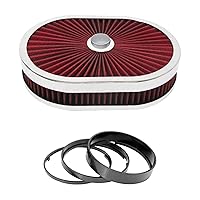 Full Flow Round 12''X3'' Air Filter Assembly Kit RED, Washable and Reusable, with Mounting Stud & Wing Nut & Air Cleaner Riser Kit, for 4 Barrel Carburetor V8 Chevy Fοrd
