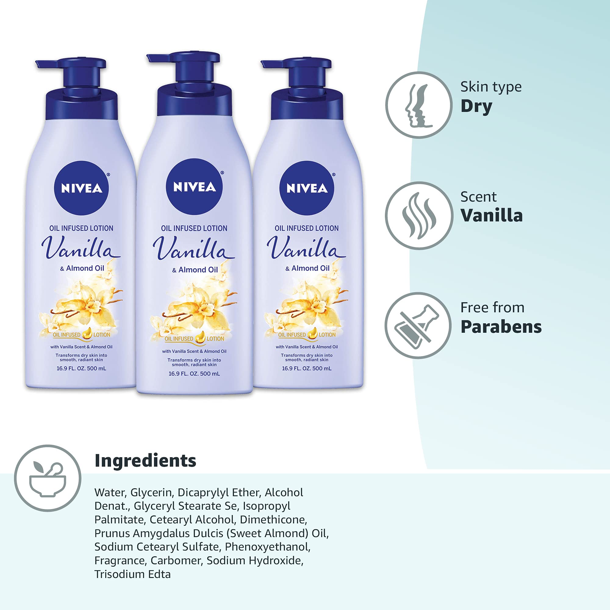 NIVEA Vanilla and Almond Oil Infused Body Lotion, 50.7 Fl Oz, Pack of 3