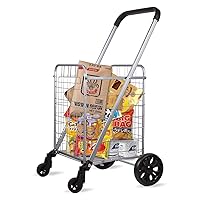 Grocery Shopping Cart with Swivel Wheels, Folding Shopping Cart with Wide Cushion Handle, Mesh Bottom and Brake System, Silve,