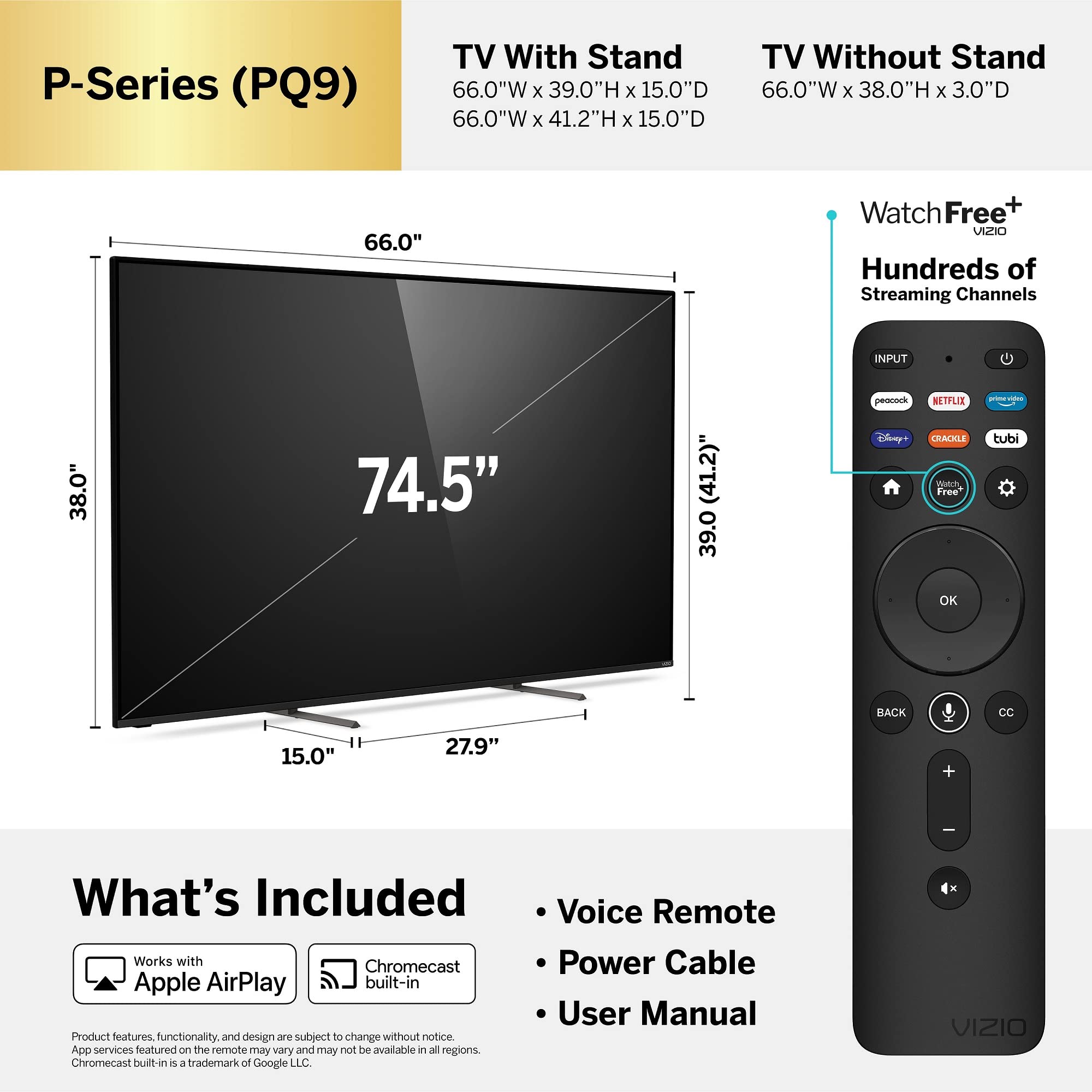 VIZIO 75-Inch P-Series 4K 120Hz QLED HDR10+ Smart TV w/Dolby Vision, 4K 120Hz Gaming, AMD FreeSync Premium Pro, Bluetooth Headphone Capable, Apple AirPlay, Chromecast Built-in, P75Q9-J01, 2022 Model