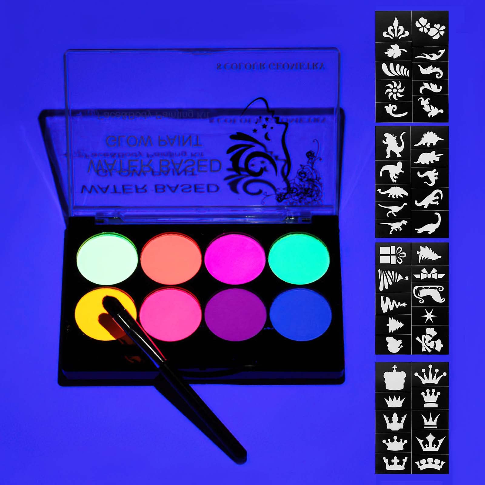 Neon-Face-Paint Nontoxic-and-Washable-Neon-Body-Paint UV-Glow-Paint-in  the-Black-Light-with-Brush-and-Mode-Cards  Glow-in-the-Dark-Paint-for-Halloween-Festivals-Party-Cosplay-Chritsmas  8-Vibrant-Colors