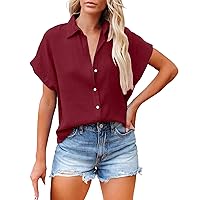 Linen Shirts for Women Casual V Neck Button Down Shirts for Women Solid Short Sleeve Blouse Tops
