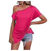 Womens Ruched High-Low Asymmetrical Hem Tops Summer One Shoulder Strape Short Sleeve Trendy Casual Solid T-Shirts