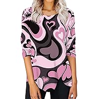 Valentine Shirts for Women, Women's Valentine's Day Heart Love Print Button-Down Round Neck T-Shirt Long Sleeved Tops