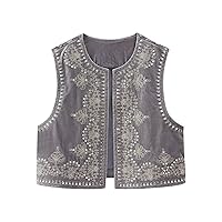 Women Fashion Boho Print Embroidered Vest Vintage V-Neck Linen Cardigan Sleeveless Outwear Casual Streetwear