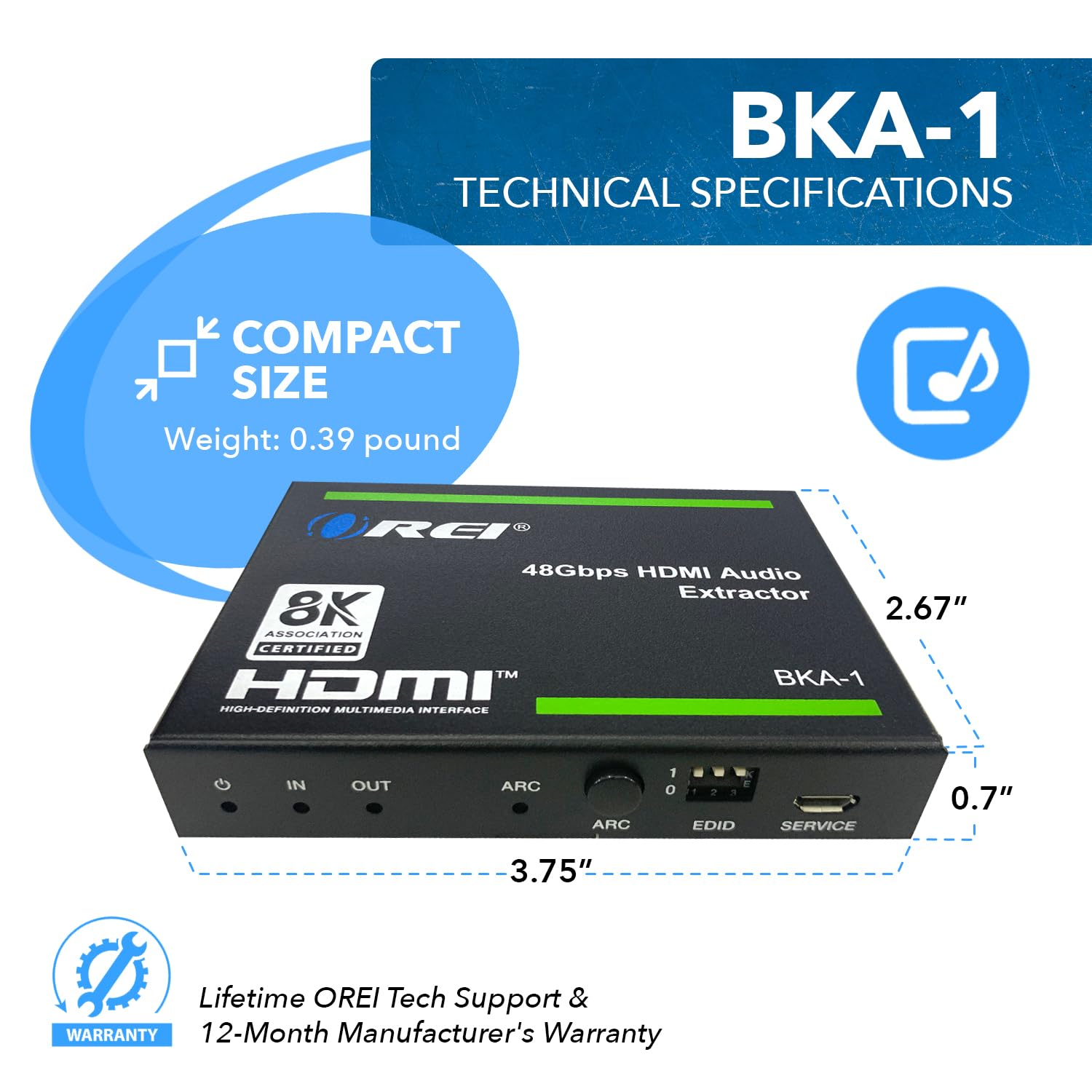 OREI 8K Audio Extractor HDMI UltraHD 4K @ 120Hz 48G HDMI 2.1 Audio Converter for PS5 SPDIF + 3.5mm Output HDCP 2.3 - Dolby Digital/DTS Passthrough CEC, HDR, Dolby Vision, ARC, HDR10+ (BKA-1)