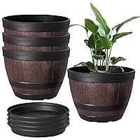 VECELO Plant Pots with Drainage Holes & Saucer, 11.3 Inch Flower Pots with Tray, 4 Pack Plastic Whiskey Barrel Planters for Indoor & Outdoor Garden Home Plants and Flowers