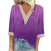 Women's 3/4 Sleeve Tunic Tops V Neck Guipure Lace Tops Boho Floral Plus Size Work Shirts Tie Dye Summer Y2K Clothes