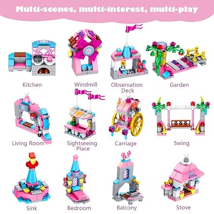 VATOS Girls Building Blocks Set Toy, 568 pcs Princess Castle Toys | 25 in 1 Models Pink Palace Bricks Toys, STEM Construction Kits Girls Toys Gift for Kids Boys Girls Age 6-12 Years Old
