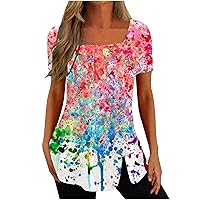 Womens Summer Tops Boho Floral Print Tunic Side Split Button Down Short Sleeve Square Neck Shirts Spring Blouses