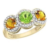 14K Yellow Gold Natural Peridot & Citrine Sides Round 3-stone Ring Diamond Accents, sizes 5-10