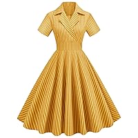 ODASDO Vintage Dresses for Women's Flat Collar Short Sleeve Fit and Flare 50s 60s Rockabily A-line Swing Midi Tea Party Dress