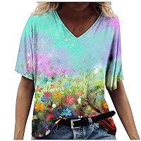 Women's 2023 Summer Fashion Casual Oversize Tee Printed V-Neck Short Sleeve Top Blouse Loose Comfortable T Shirt