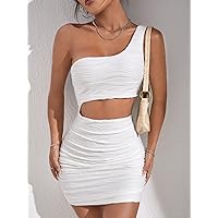 Summer Dresses for Women 2022 Textured One Shoulder Cut Out Bodycon Dress Dresses for Women (Color : White, Size : X-Small)